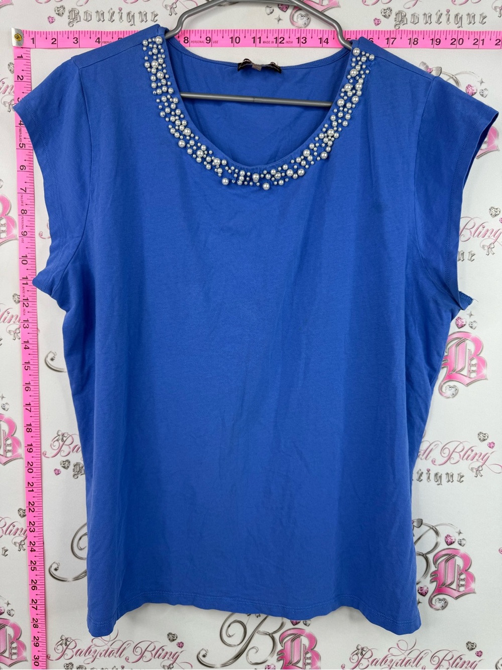Karl Lagerfeld pearl shirt Cobalt Blue Embellished Crewneck Sleeveless Top